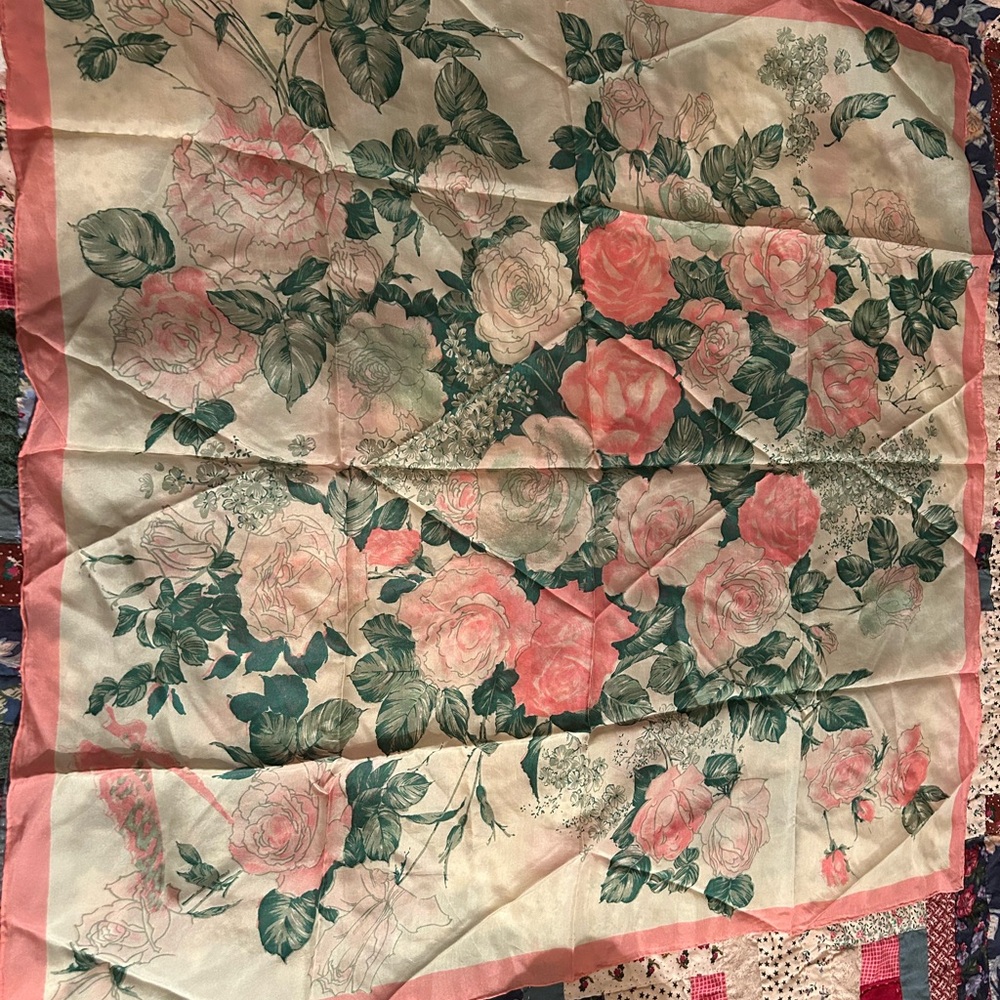 Vintage Chinese 100% Silk Floral Rose Print Scarf in Pink and Green 30”x30”